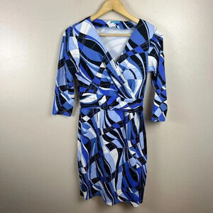 J. Mclaughlin Faux Wrap Dress Size Small Blue Geometric Catalina Cloth Stretch